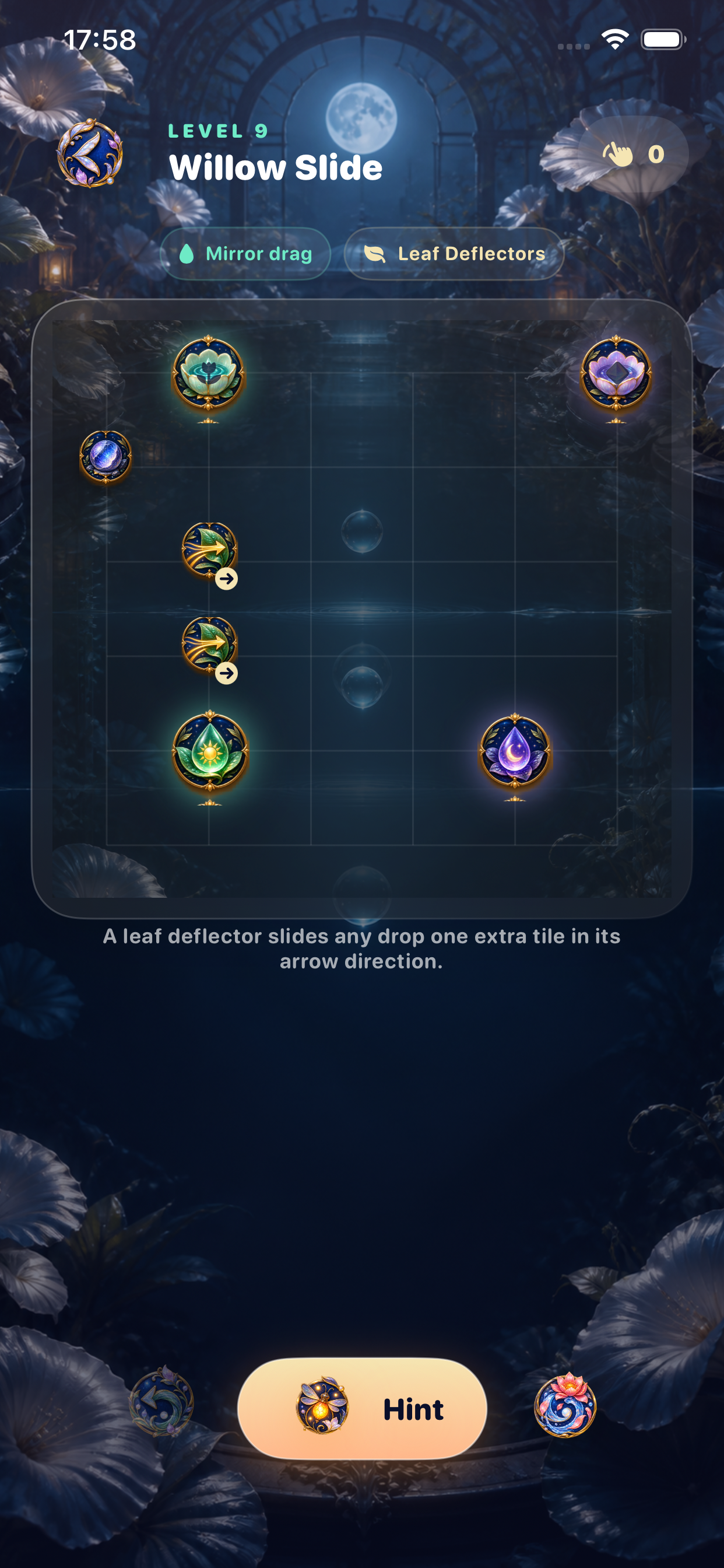 A Dewdrop Duet puzzle board with reflected droplets, flower cups, leaves, and a mirror pillar